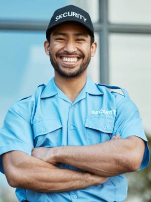 Happy man, portrait and security guard with arms crossed in city for career safety or outdoor prote.